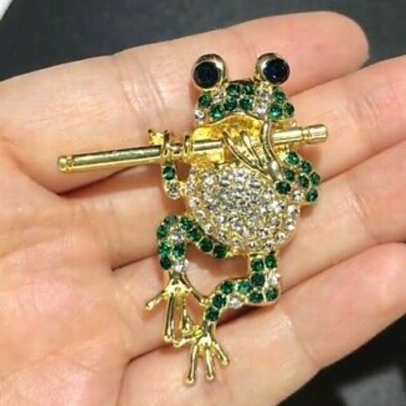 Frog Pin/Pendant Playing Flute Emerald Green Crystal Pave Gold Plate NWT M217 - Picture 3 of 6